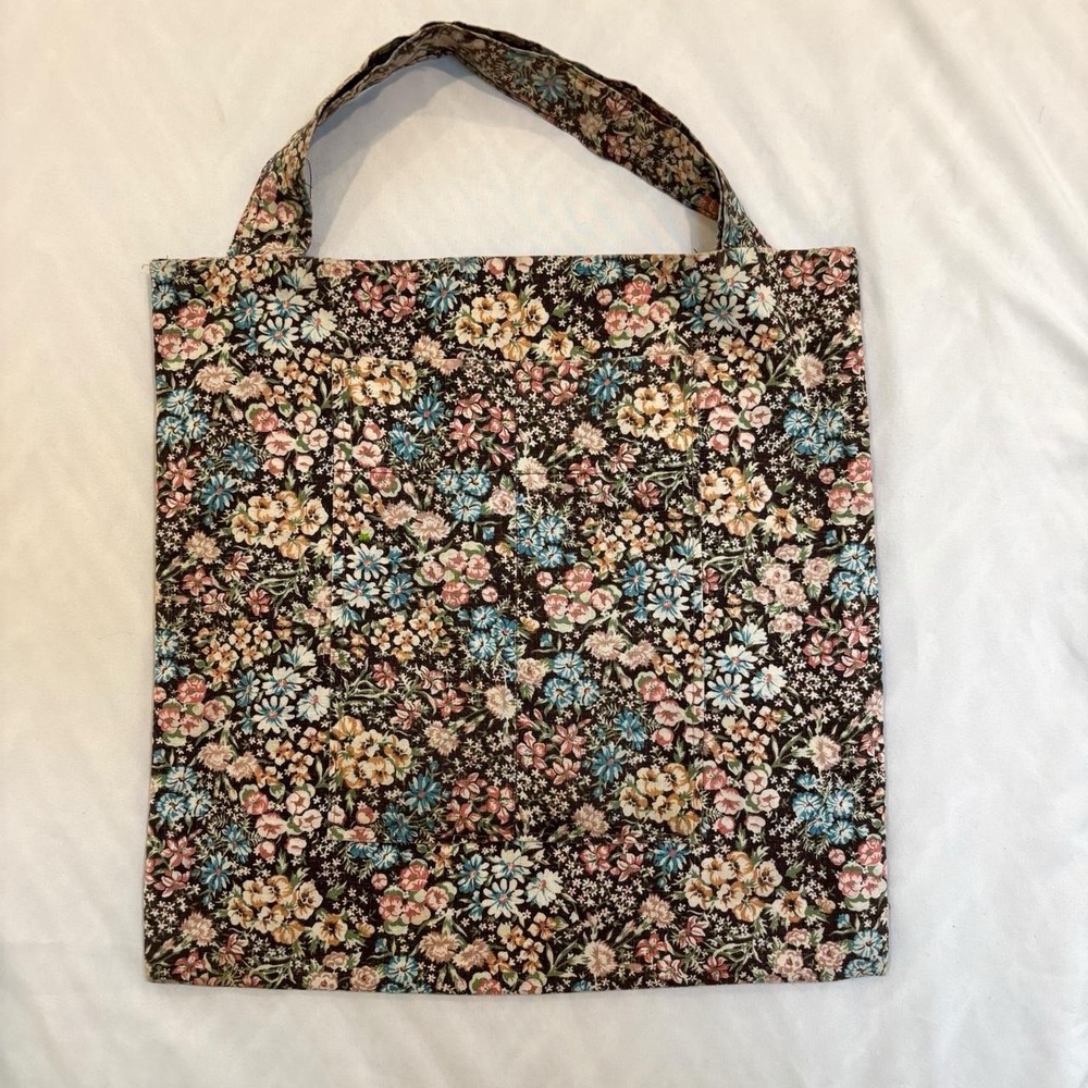 Pink, cream, green, blue floral tote bag with mahogany background handmade VTG